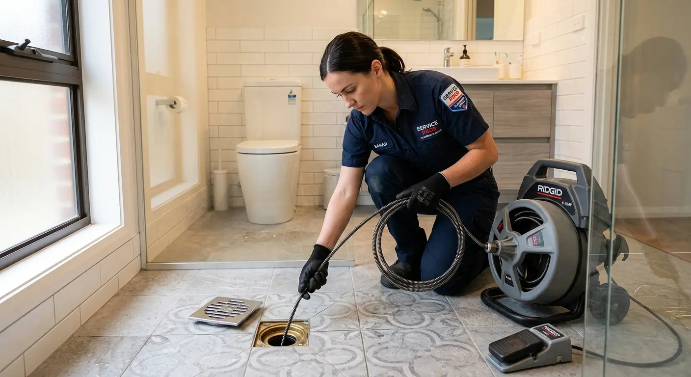 Technician clearing a bathroom floor drain for Hydro Jetting in Bristol